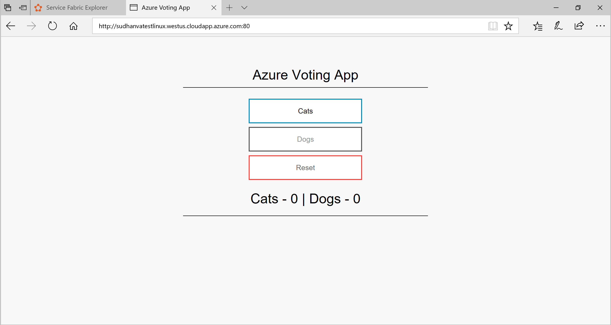 Снимок экрана: приложение Azure для голосования с кнопками Cats (Коты), Dogs (Собаки), Reset (Сброс) и общим итогом.