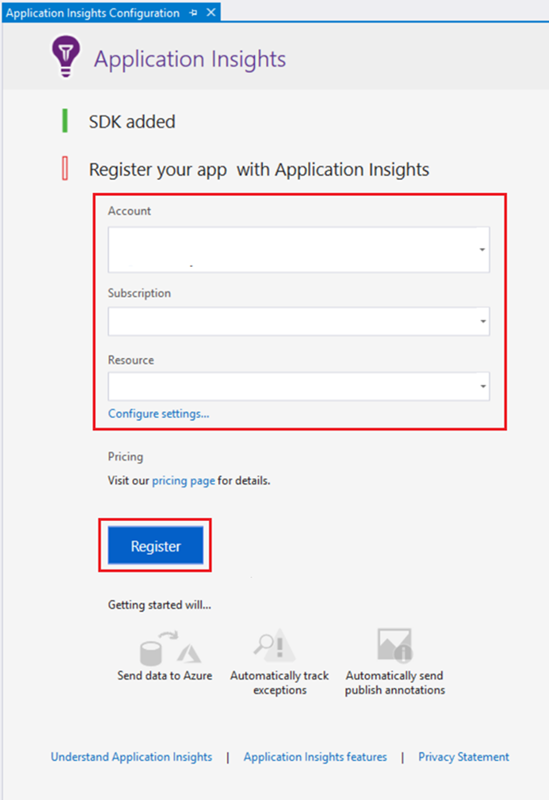 Снимок экрана: регистрация Application Insights.