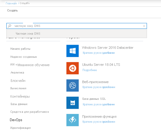 Поиск частной зоны DNS на странице создания ресурсов на портале Azure.