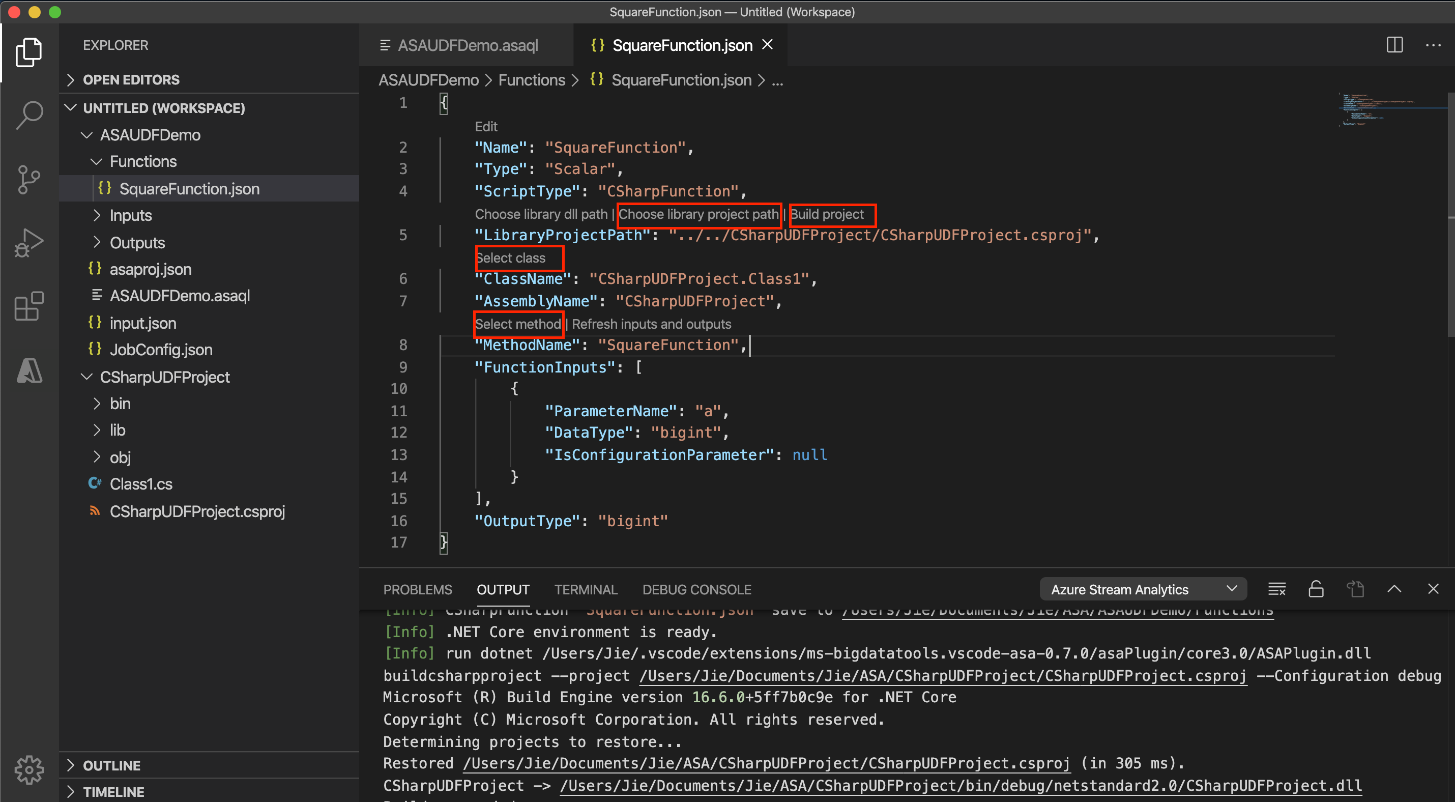 Stream Analytics C sharp function configuration VS Code