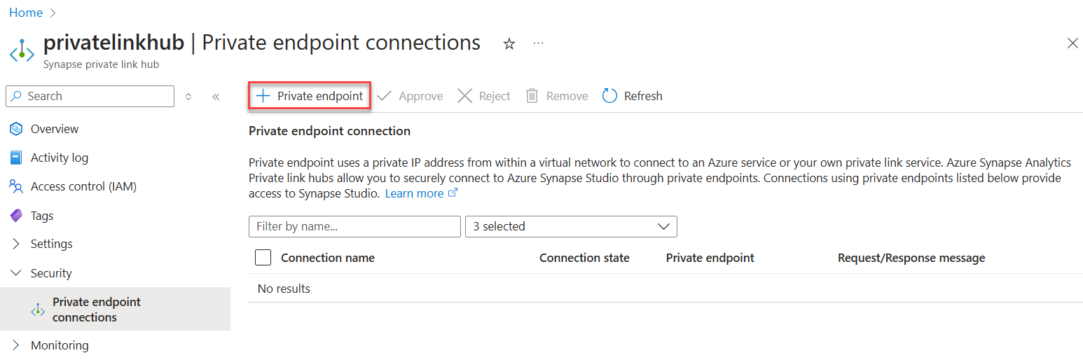 Screenshot that shows the private endpoint connections page.