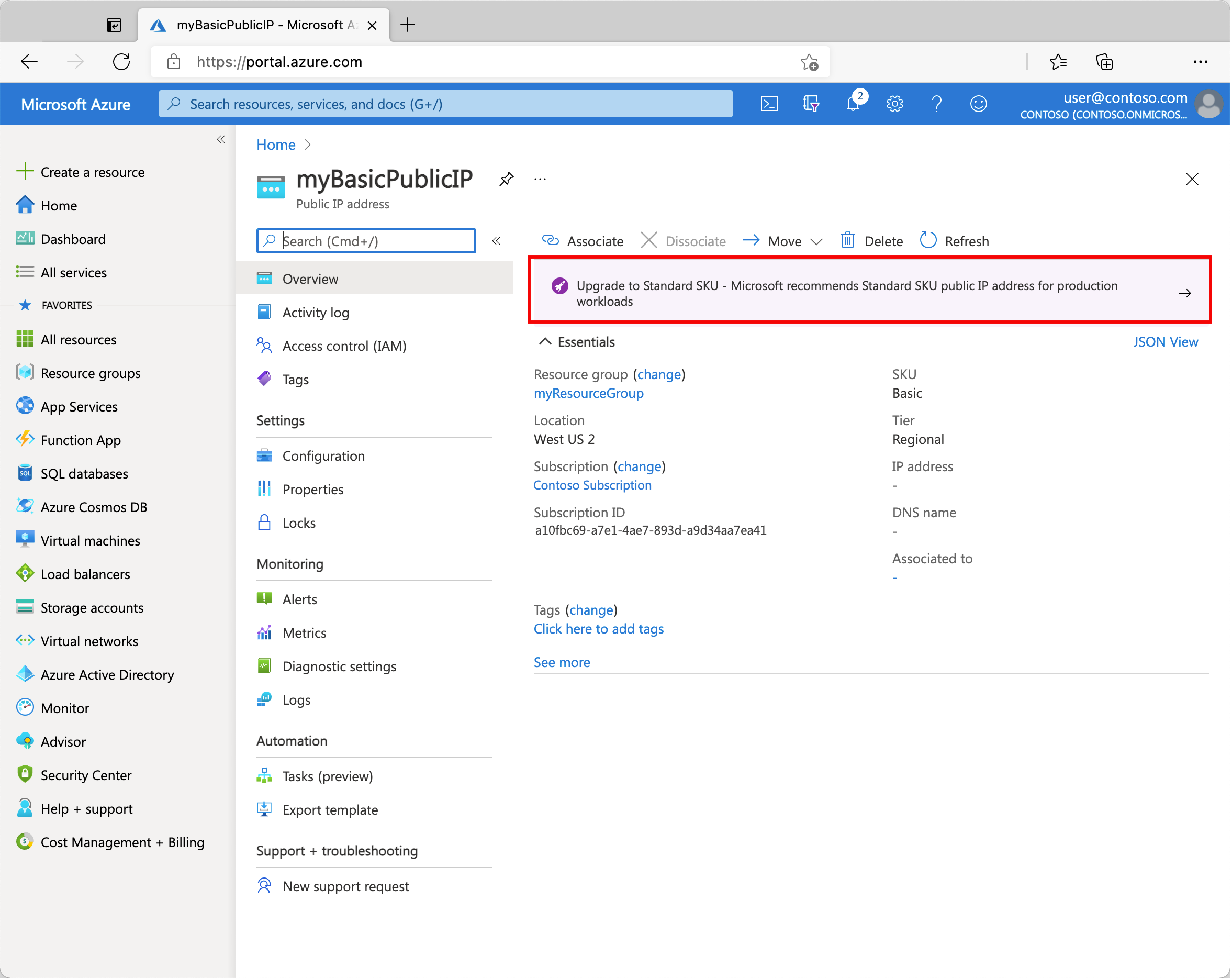 Screenshot showing the upgrade banner in Azure portal used to upgrade basic IP address.