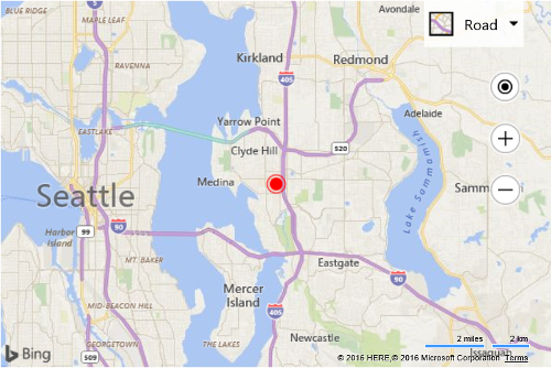 Screenshot of the Bing map that shows a red pushpin in the center of the map as defined in the code example.
