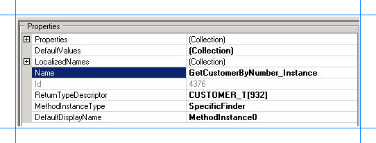 Screenshot of the Properties pane showing the Name field highlighted and the value GetCustomerByNumber_Instance specified.