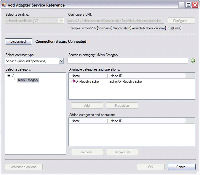 Screenshot that shows the inbound OnReceiveEcho operation in the **Available categories and operations list box.