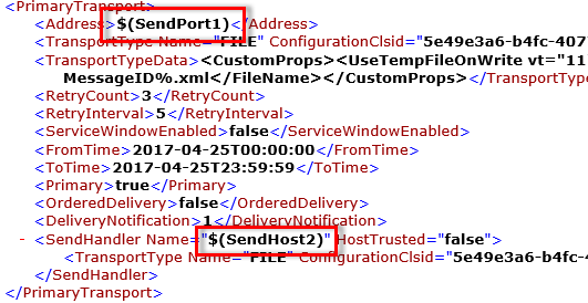 In the BizTalk Server application binding file, remove the existing variable, and change it to your send port variable.