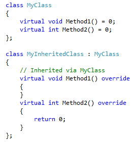 Снимок экрана: MyInheritedClass, в котором теперь есть 2 определения виртуальных методов, которые соответствуют именам и подписям объявлений в базовом классе.