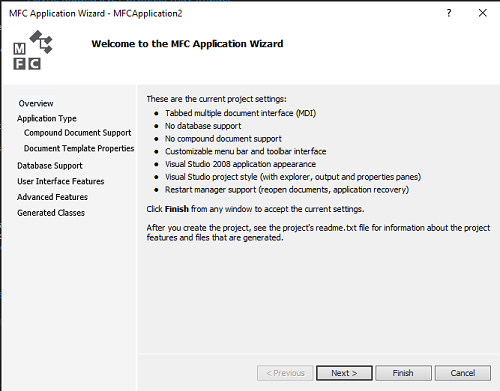 Снимок экрана мастера приложений MFC в Visual Studio 2015.