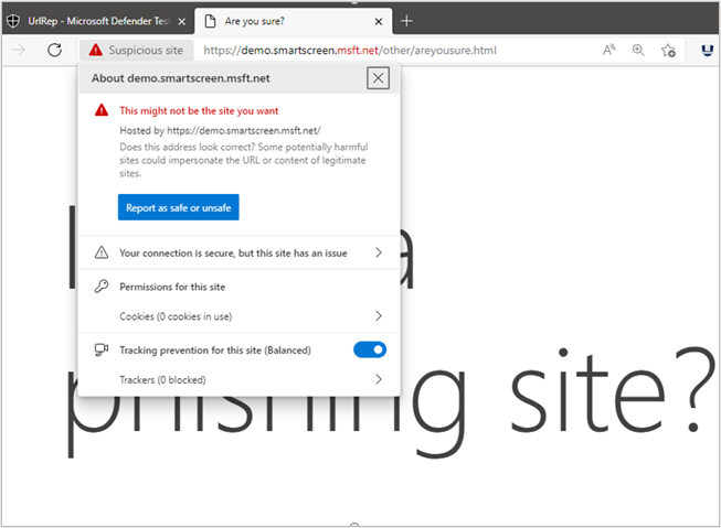 SmartScreen оповещает пользователя о потенциально фишинговом сайте и, возможно, небезопасном