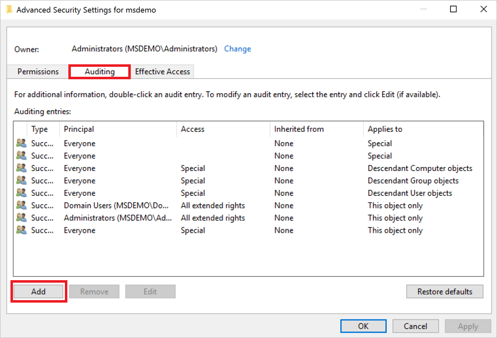 Screenshot of the Auditing tab in the Advanced Security Settings dialog.