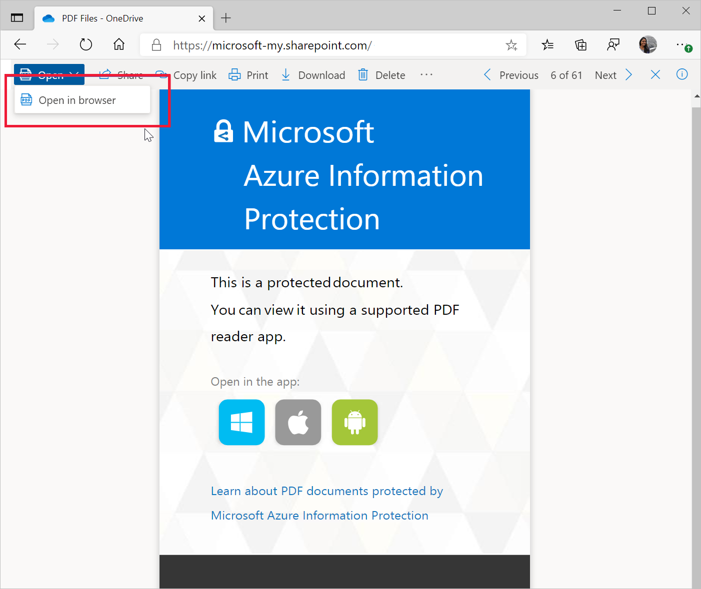 Запрос на сохранение PDF-страницы SharePoint с защитой MIP