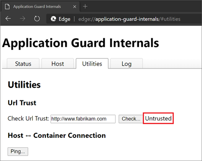 Страница диагностики Application Guard