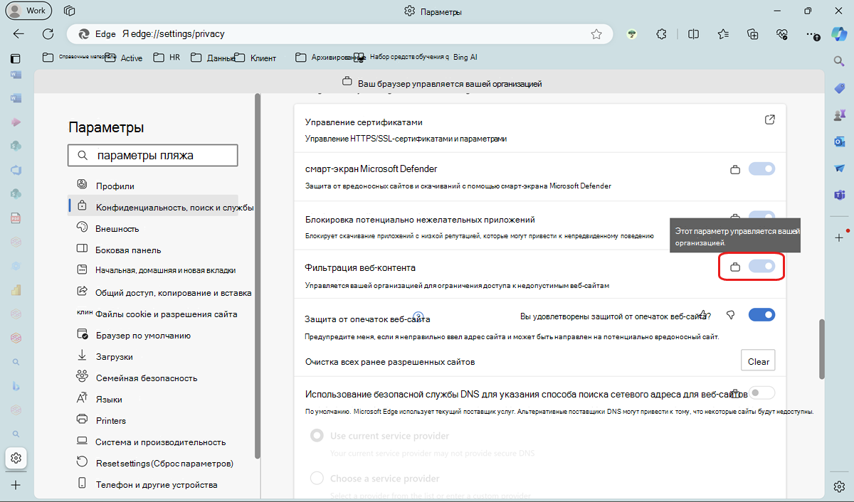 Проверьте фильтрацию веб-содержимого в параметрах Edge.