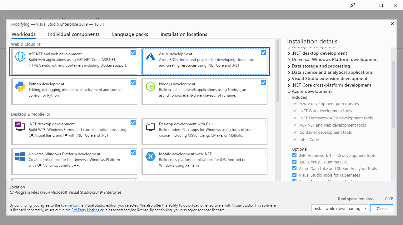 Screenshot of the Visual Studio Installer showing the Azure development and ASP.NET and Web Development Workloads selected