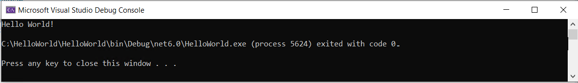Окно консоли с отображением Hello World. Нажмите любую клавишу, чтобы продолжить