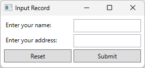 A screenshot of a WPF app with two text boxes labeled name and address. Two buttons are visible. One button is named 'Reset' and the other 'Submit.'