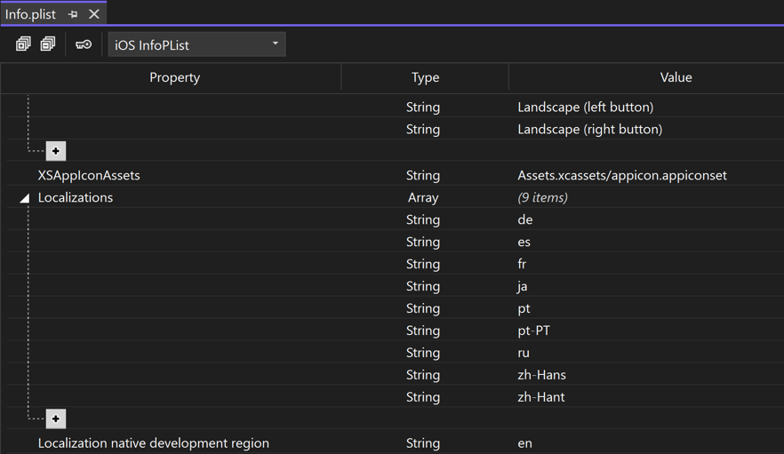 Снимок экрана: поддерживаемые языковые параметры для приложения в универсальном редакторе Info.plist.