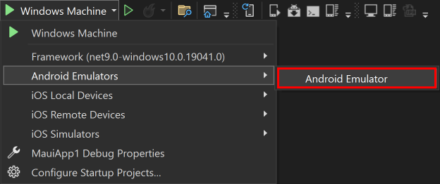 Выберите целевой объект отладки эмулятора Android для .NET MAUI.