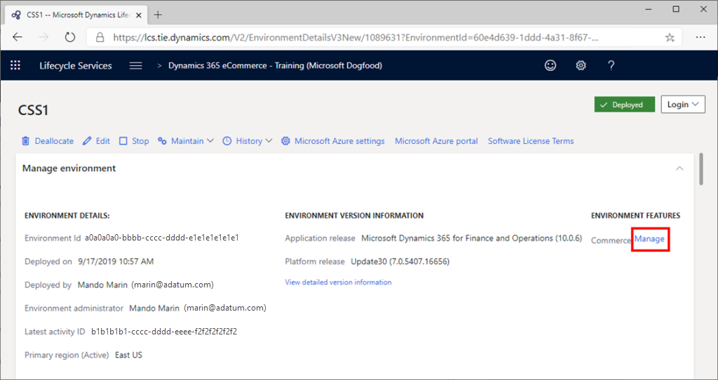 "Environment features" in LCS project dashboard