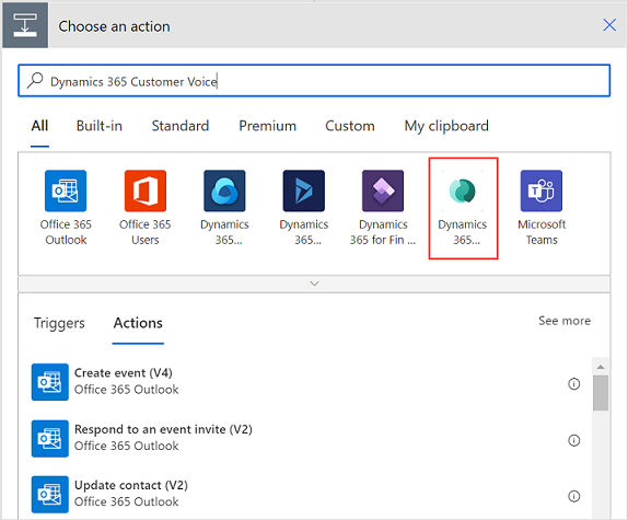Выберите соединитель Dynamics 365 Customer Voice.