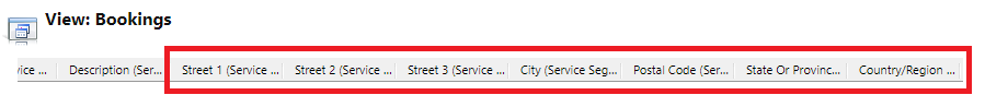 Снимок экрана столбцов, связанных с адресом для календаря резервирования.