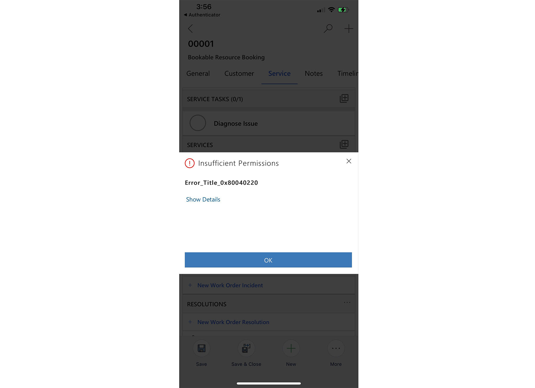 Снимок экрана с сообщением об ошибке «Недостаточно разрешений» в мобильном приложении Field Service.