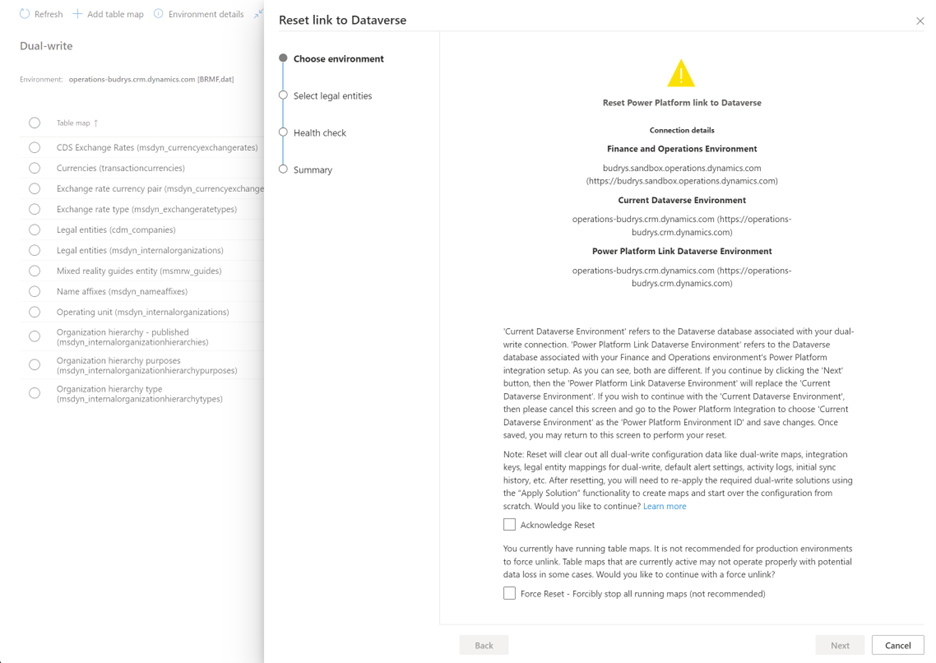 Choose environment page in the Reset link to Dataverse wizard for scenario 2. Reset Power Platfor link to Dataverse.