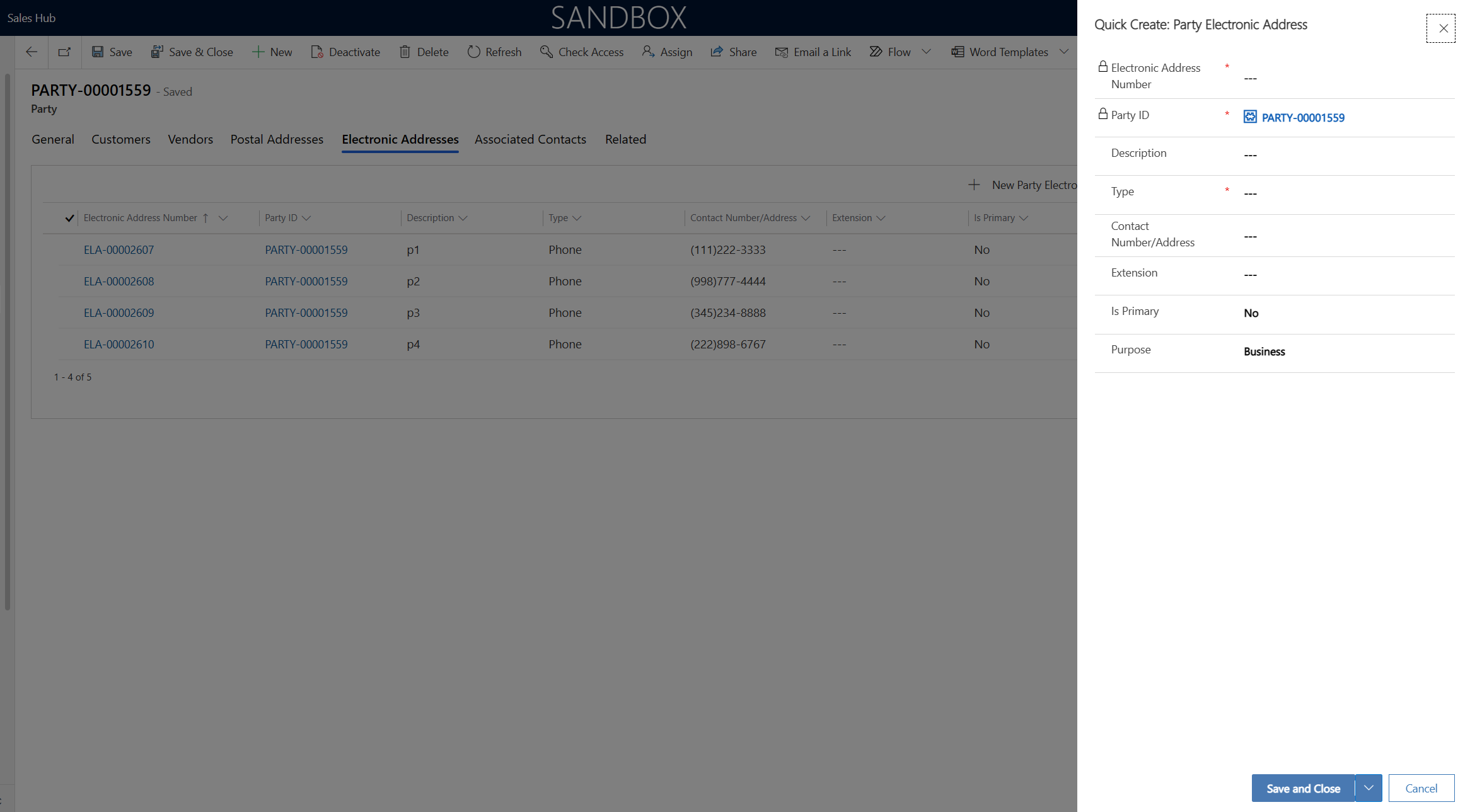 Creating an electronic address for a party in the Quick Create: Party Electronic Address dialog box.