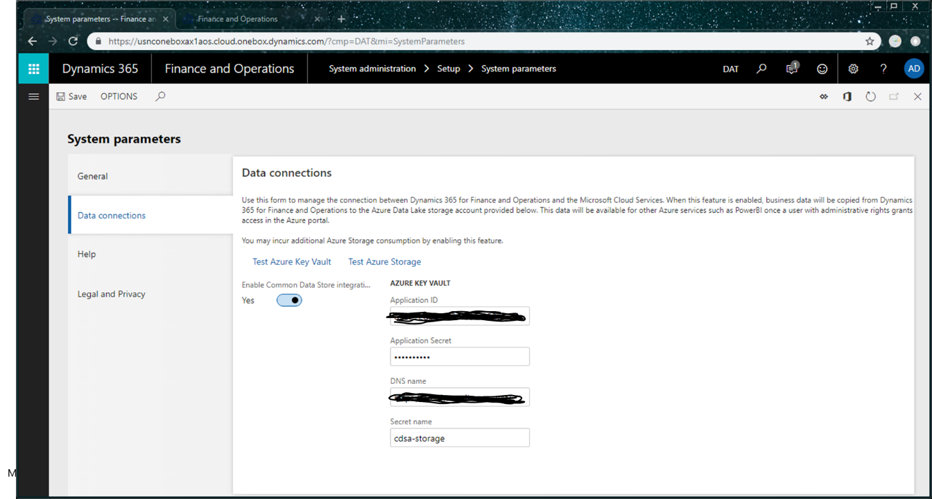 Data connections tab on the System parameters page.