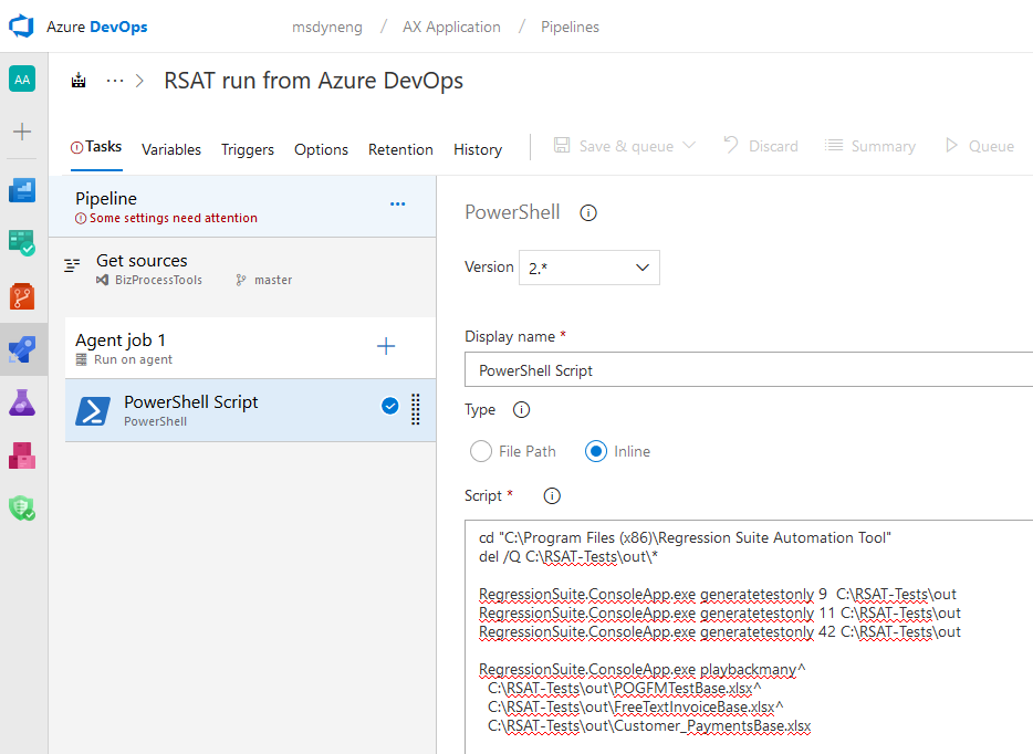 Configuring the PowerShell script task.