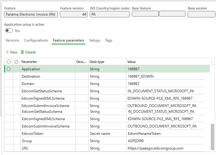 Screenshot that shows the configured Feature parameters tab for the Globalization feature for Panama.