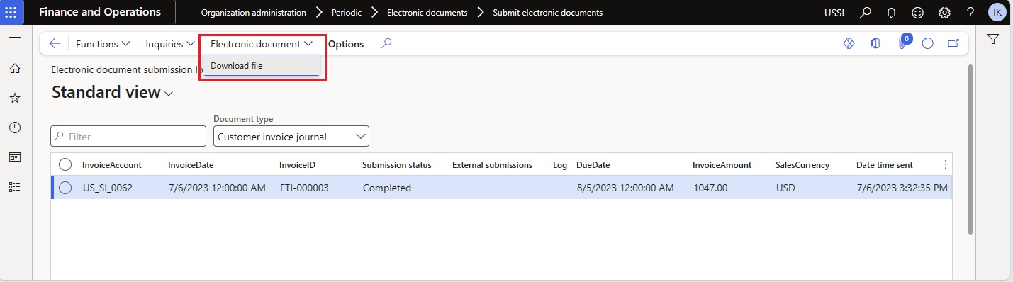 Screenshot that shows the Download file command on the Electronic document submission log page.