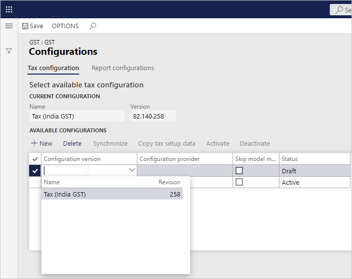 Selecting a configuration version.