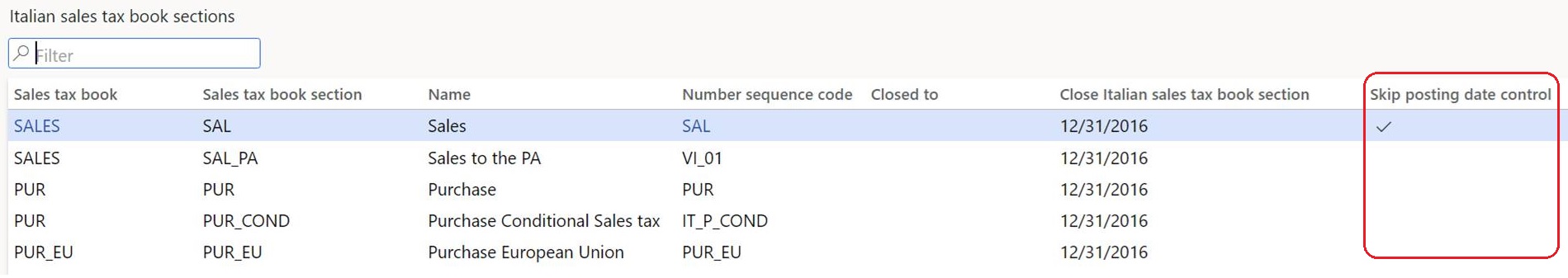 Screenshot that shows the Skip posting date control column on the Italian sales tax book sections page.