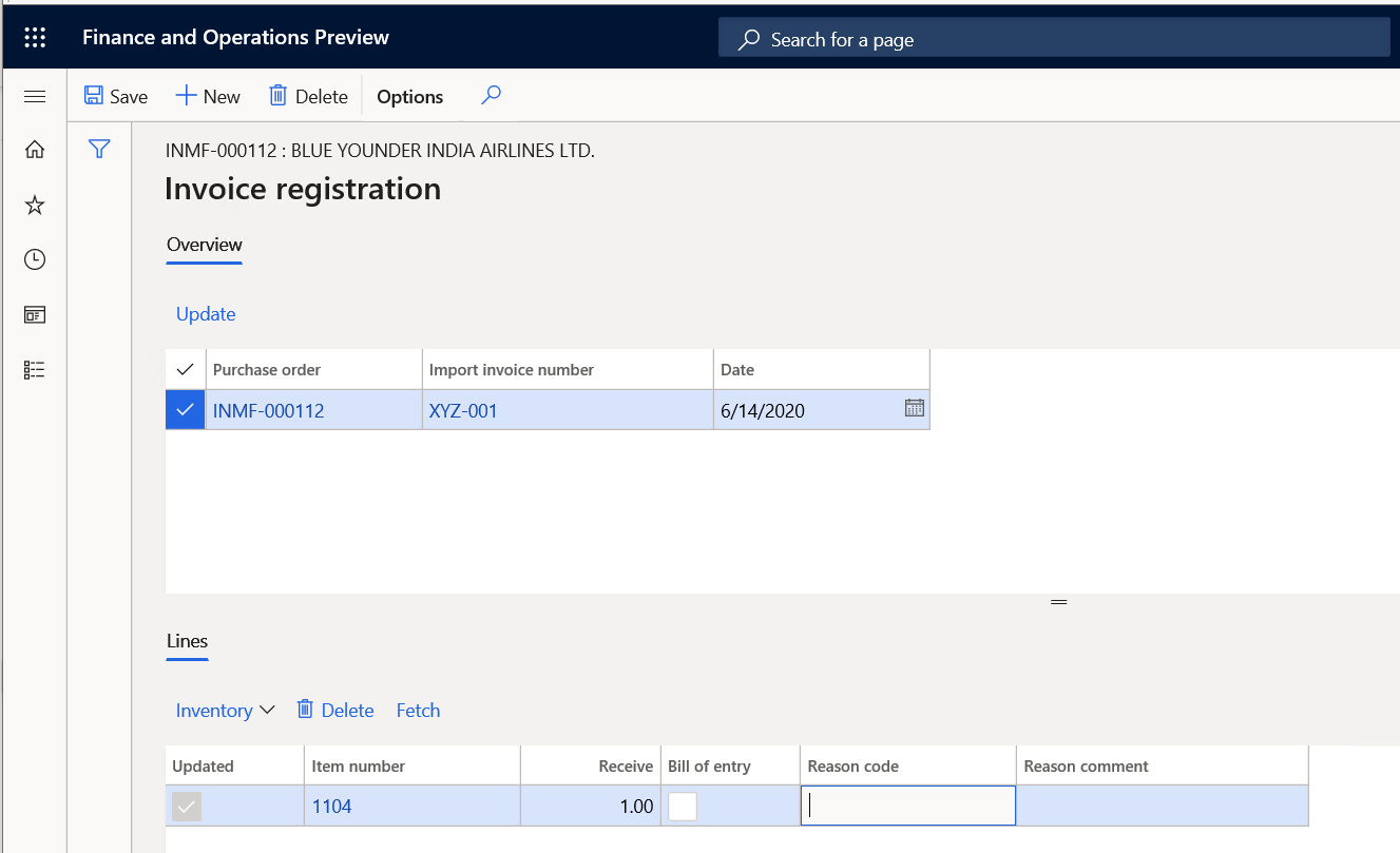 Invoice registration page.