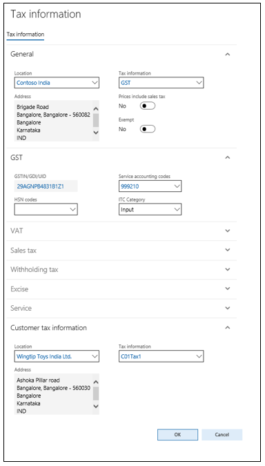 Tax information dialog box when creating a project quotation.