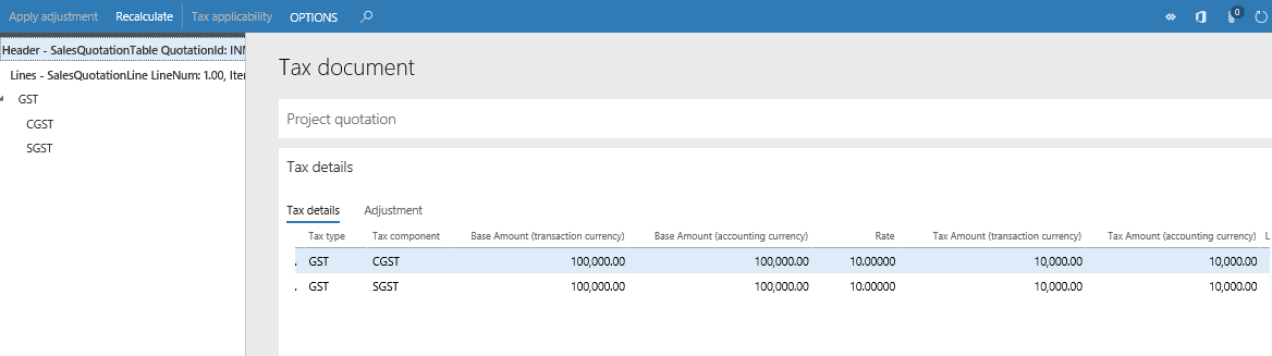 Tax document page when creating a project quotation.