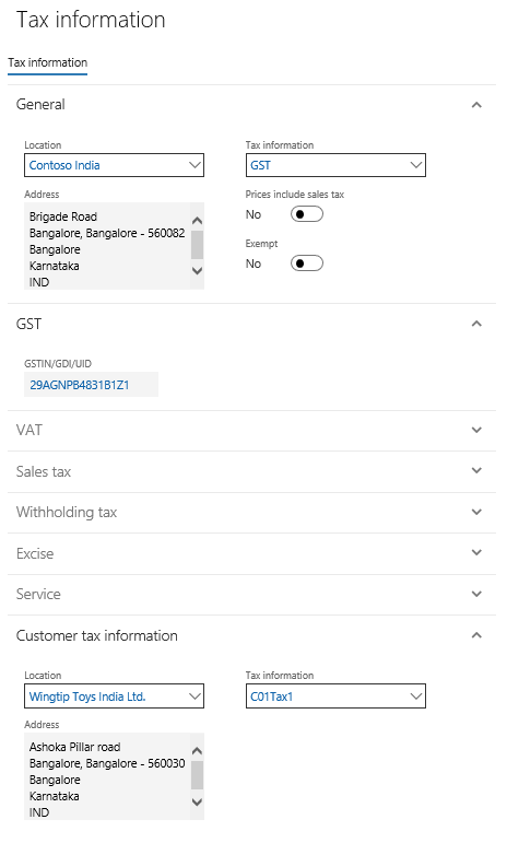 Tax information dialog box when creating a project.