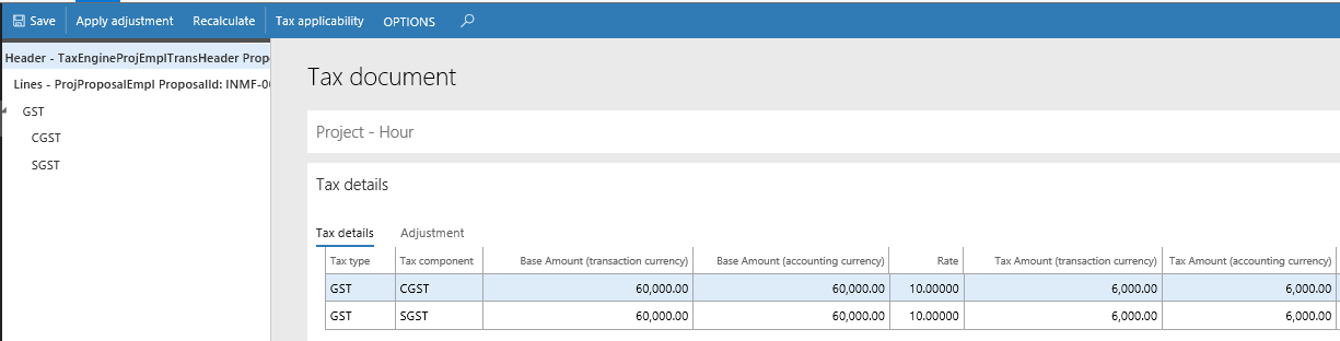 Tax document page when creating a project invoice proposal.