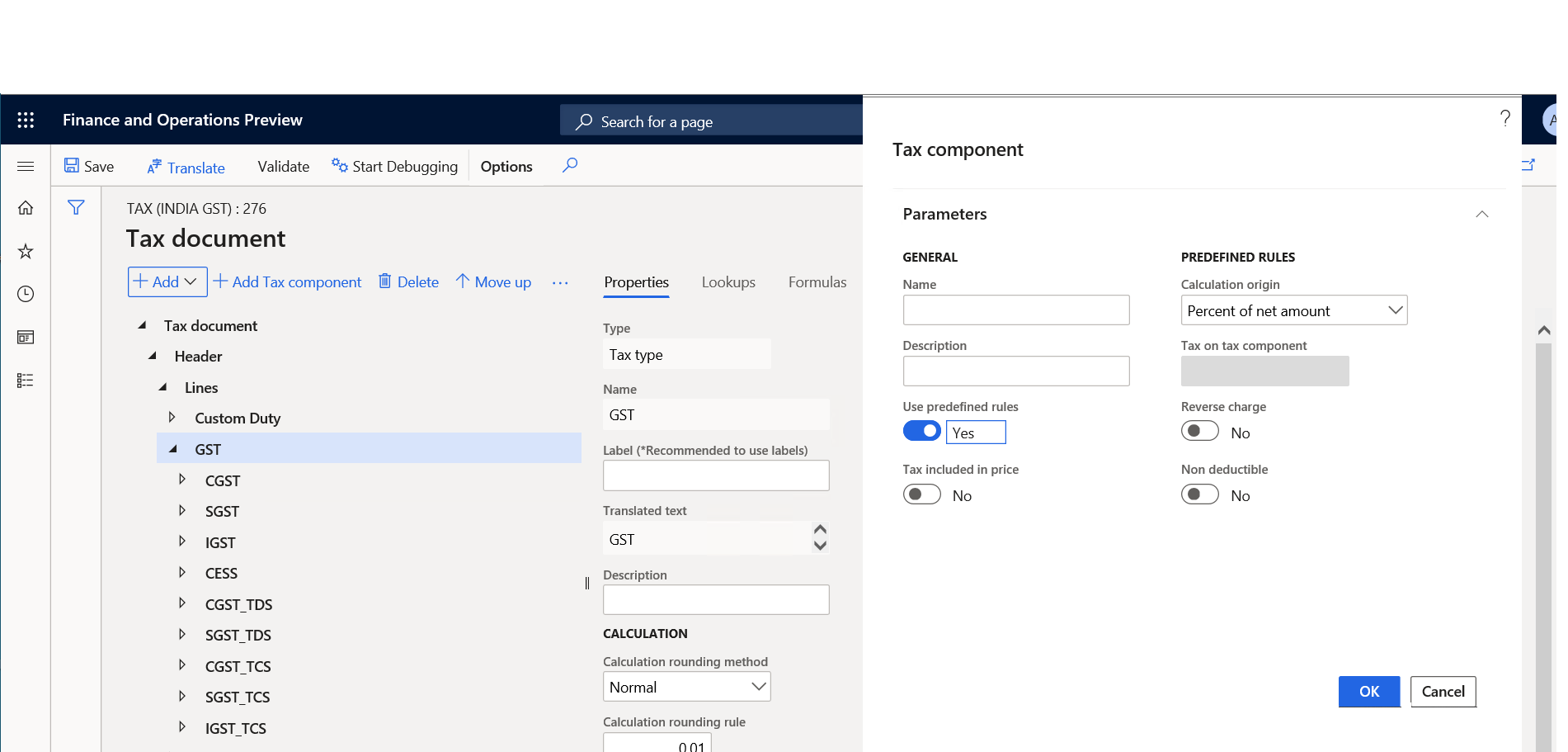 Tax component pane.