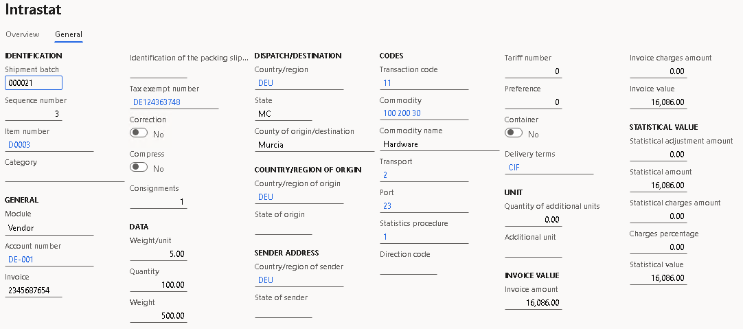 Purchase order details on the General tab of the Intrastat page