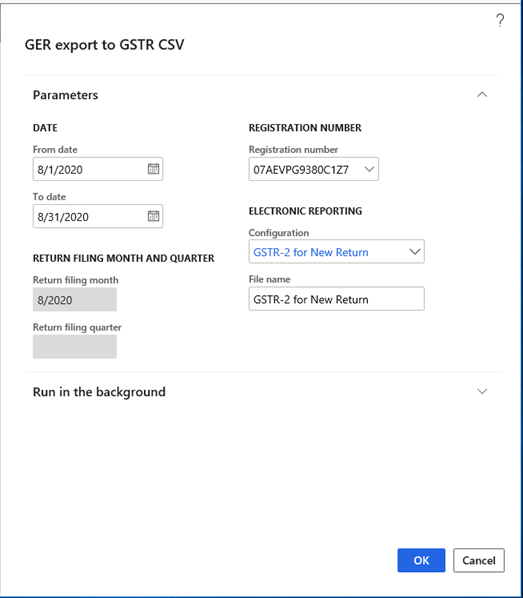 GER export to GSTR CSV dialog box for the GSTR-2 report.