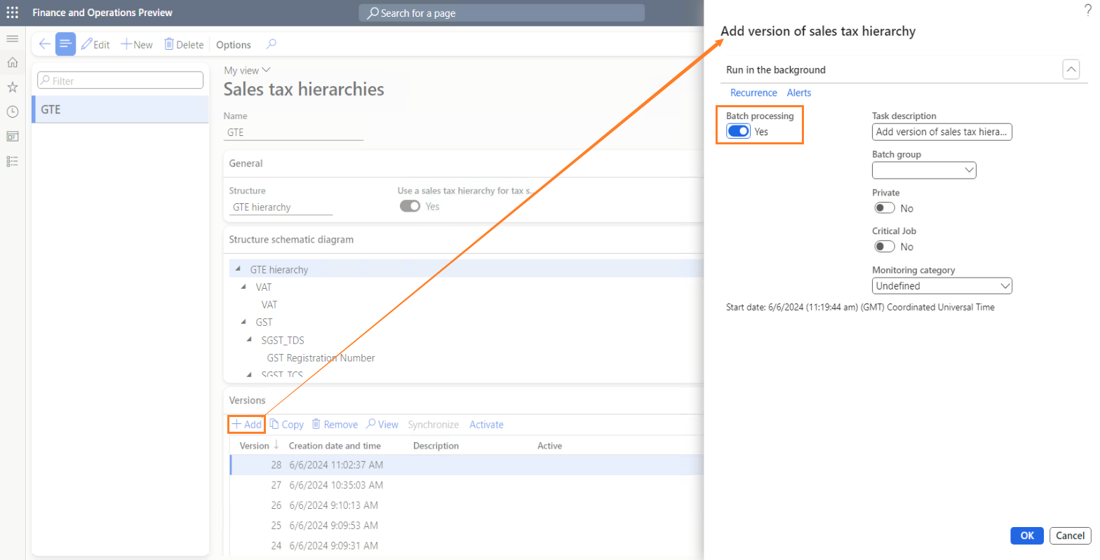 Adding a tax hierarchy version in batch mode.