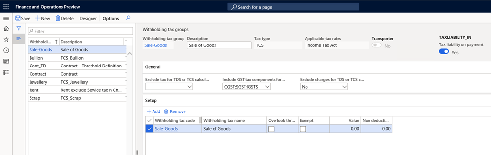 Withholding tax groups page.