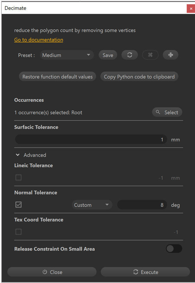 Decimate dialog box showing Preset field.