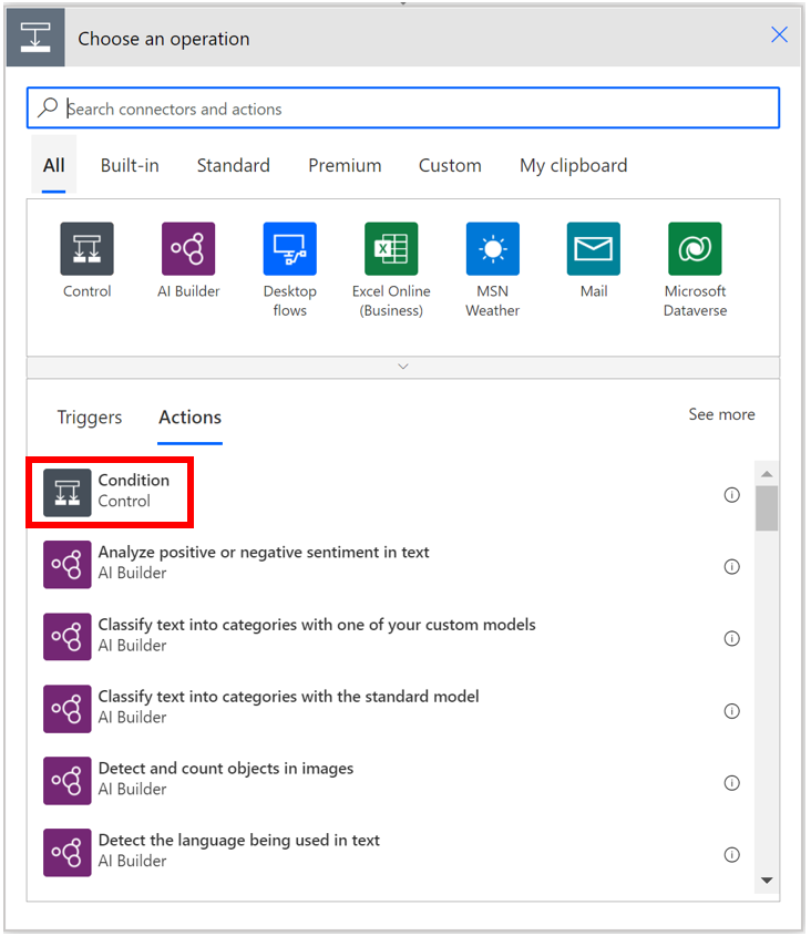 Power Automate screen with Condition selected.