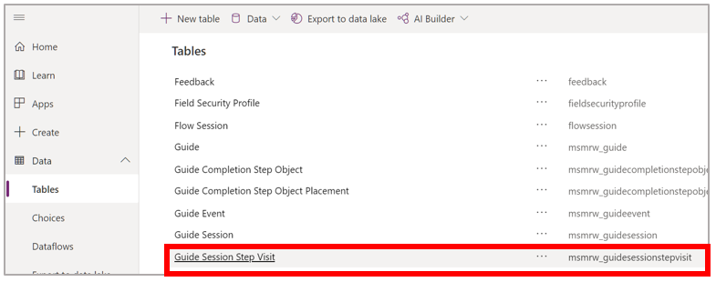 List of tables with Guide Session Step Visit table selected.