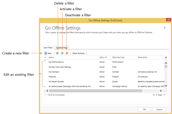 Параметры перехода в автономный режим в Dynamics 365 for Outlook.