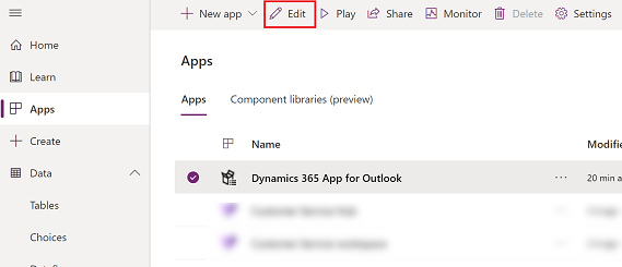 Выберите Dynamics 365 App for Outlook, затем выберите редактирование.