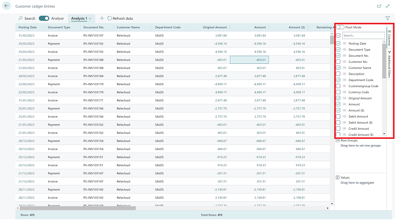 Shows the Field Modifier area in analysis mode.